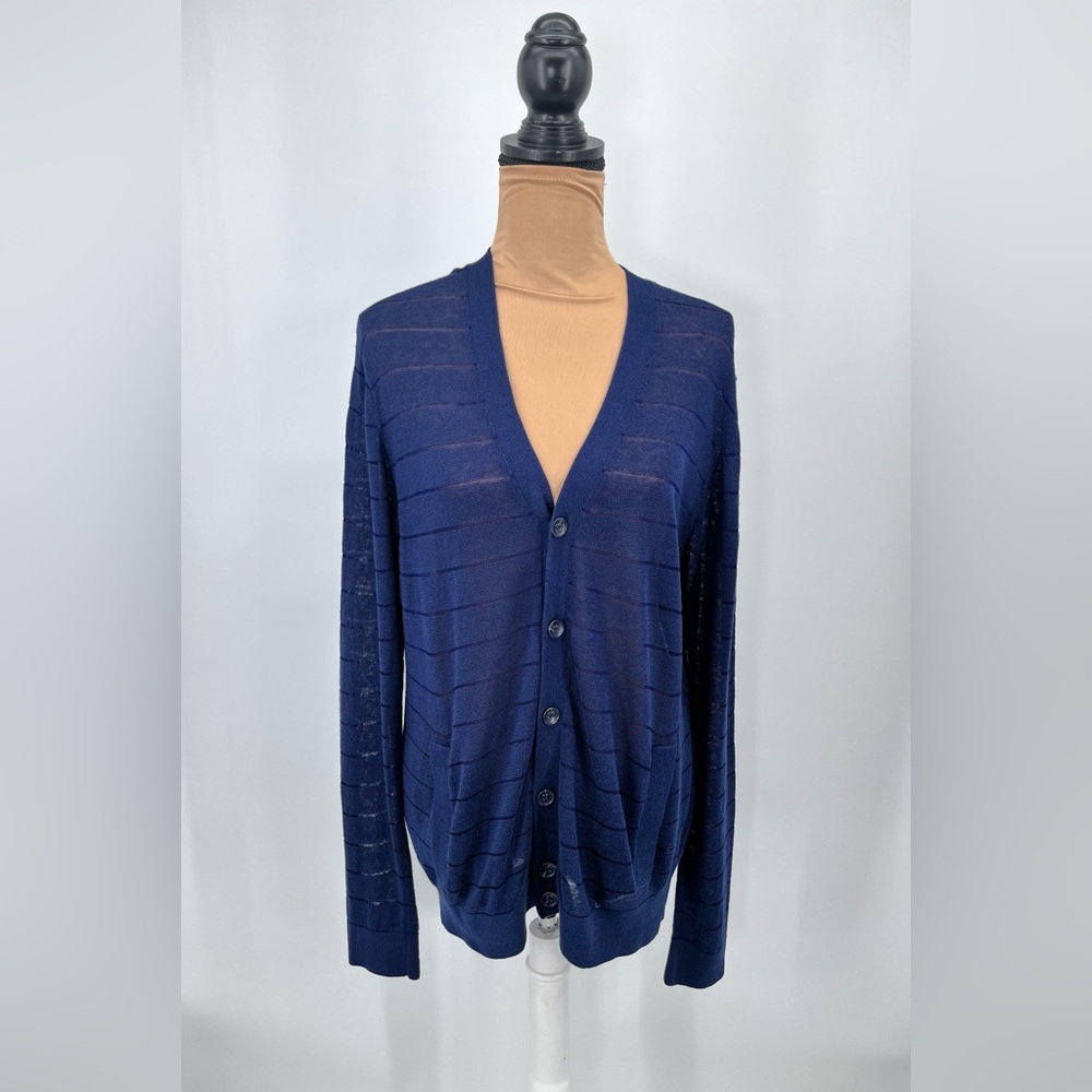 navy blue sheer knit lightweight button down front linen blend cardigan S